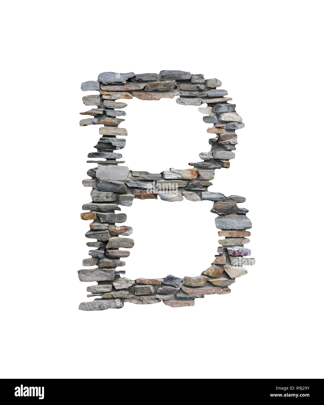 Font of B to create from stone wall isolated on white background with clipping paths. Stock Photo