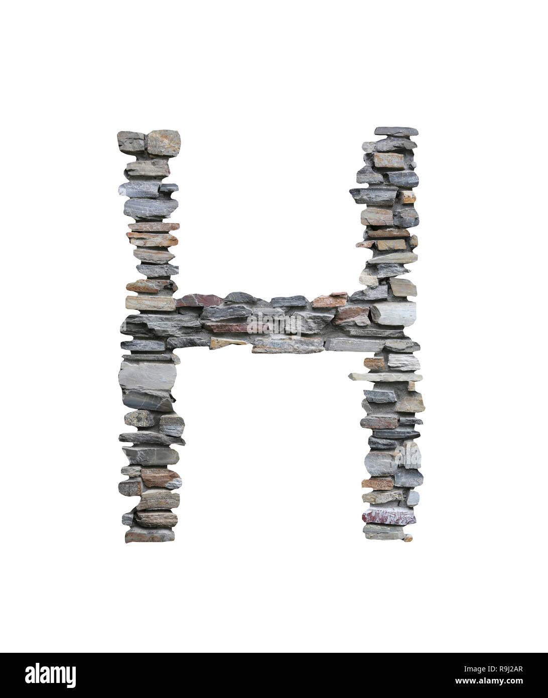 Font of H to create from stone wall isolated on white background with clipping paths. Stock Photo