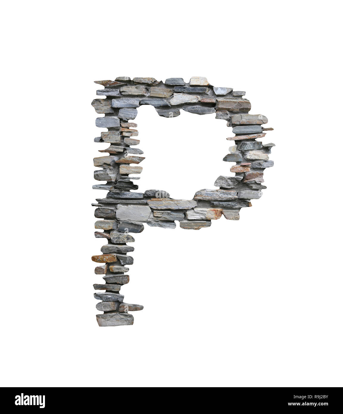 Font of P to create from stone wall isolated on white background with clipping paths. Stock Photo