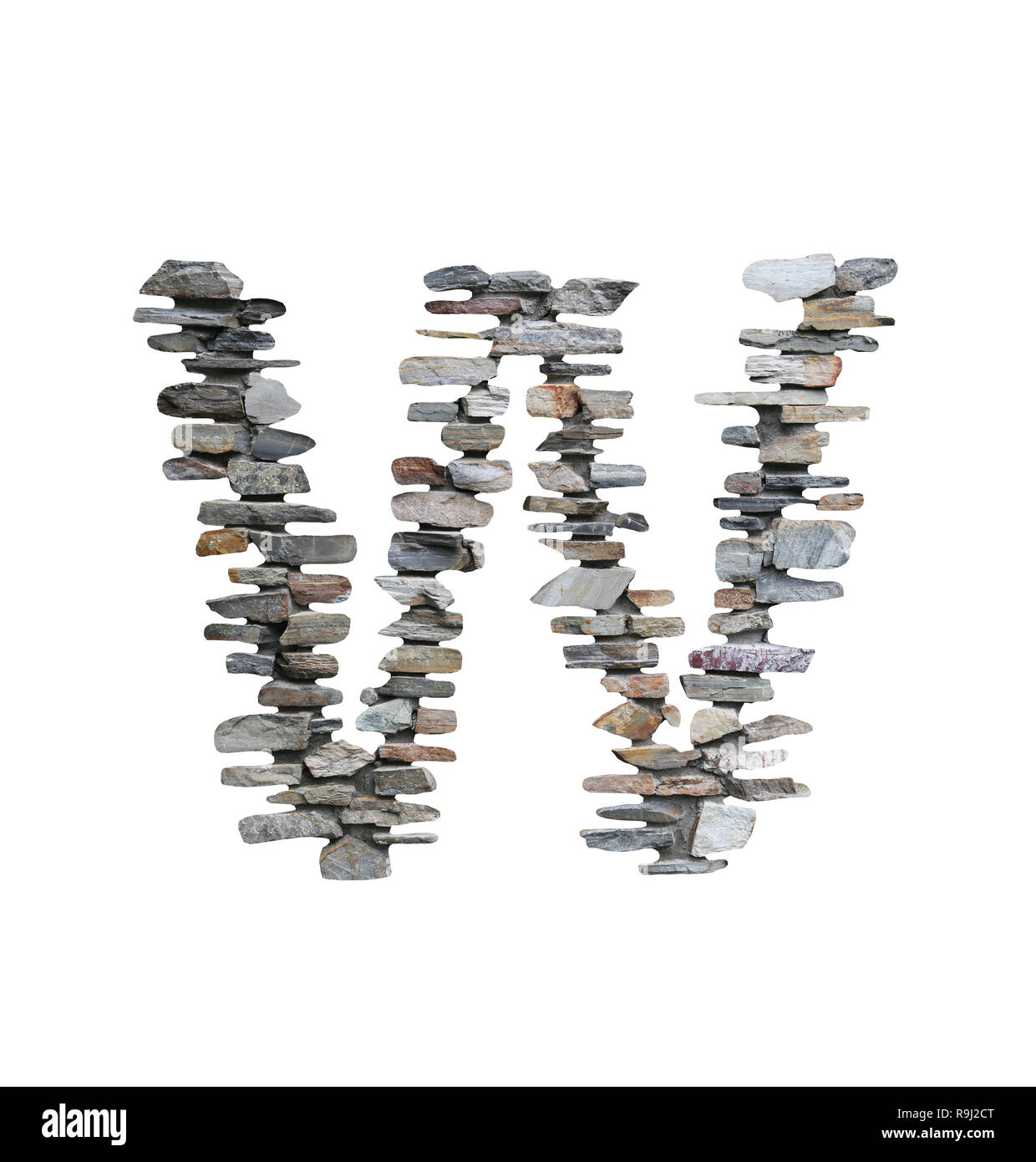 Font of W to create from stone wall isolated on white background with clipping paths. Stock Photo