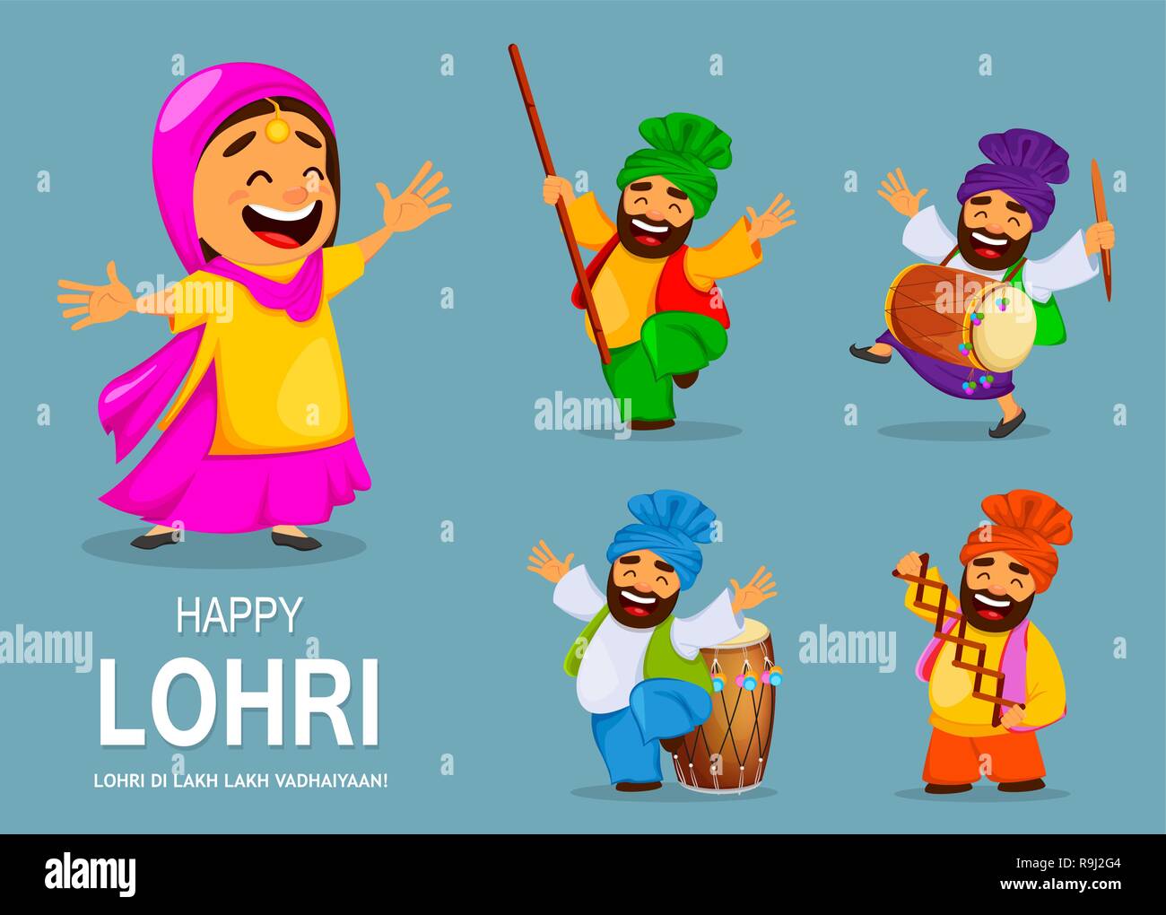 Popular winter Punjabi folk festival Lohri. Funny Indian woman and Sikh man  celebrating holiday. Cartoon characters dancing, set of five poses. Vector  Stock Vector Image & Art - Alamy