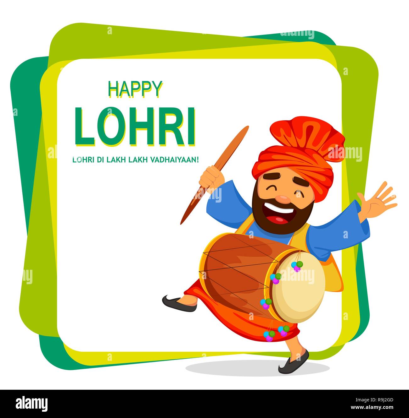 Popular winter Punjabi folk festival Lohri. Funny Sikh man celebrating  holiday. Cartoon character with drum dancing. Vector illustration on  abstract b Stock Vector Image & Art - Alamy