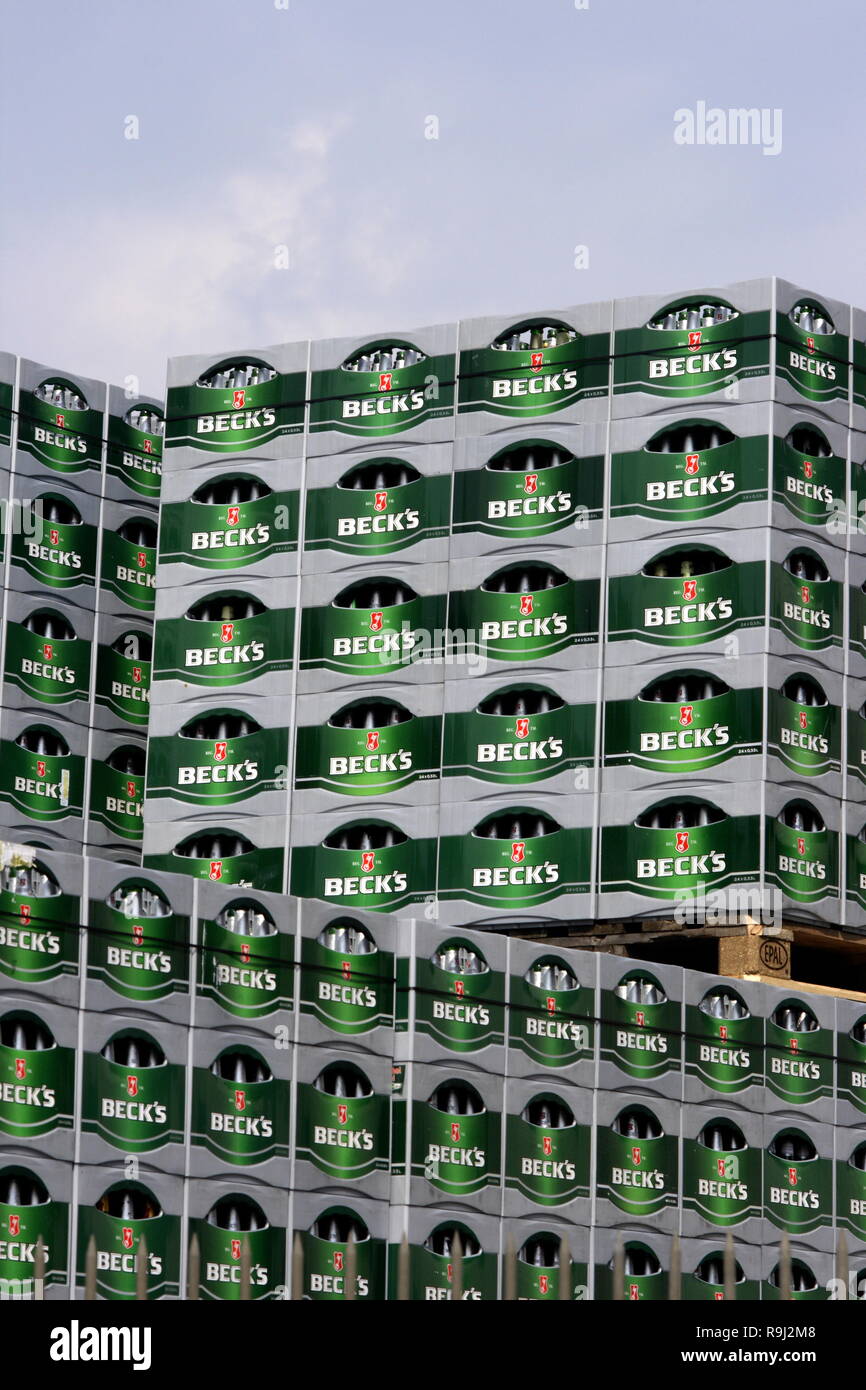 Stacked Becks beer crates, company In Bew former brewery Becks and Co, Bremen, Germany, Europe  I Aufgestapelte Becks-Bierkisten, Firma In Bew ehemali Stock Photo