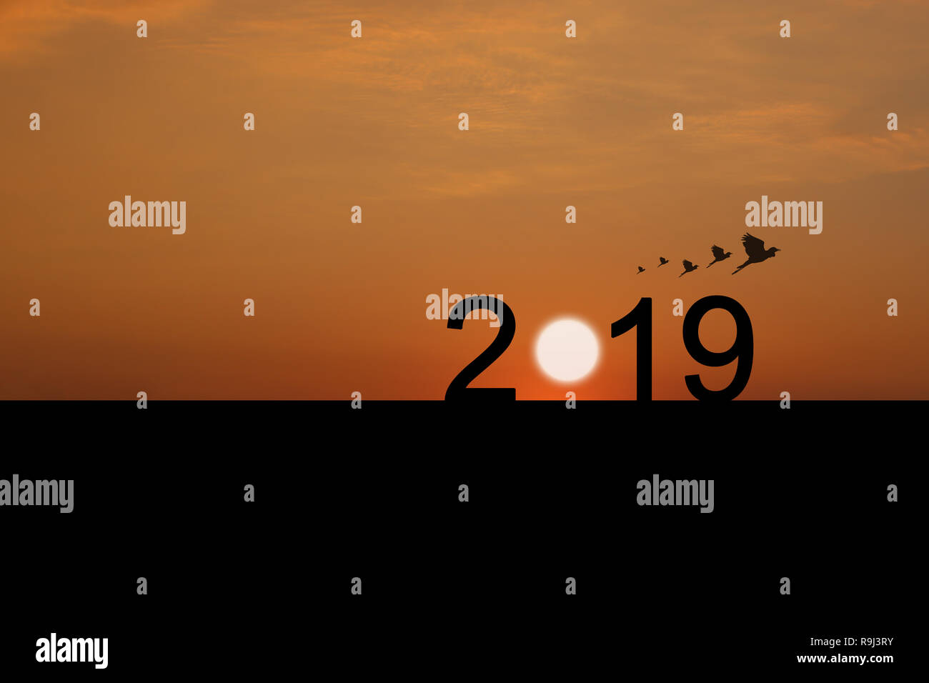 Concept of two thousand and nineteen years,sun is rising as a beginning or sunset is signal of the end. Stock Photo