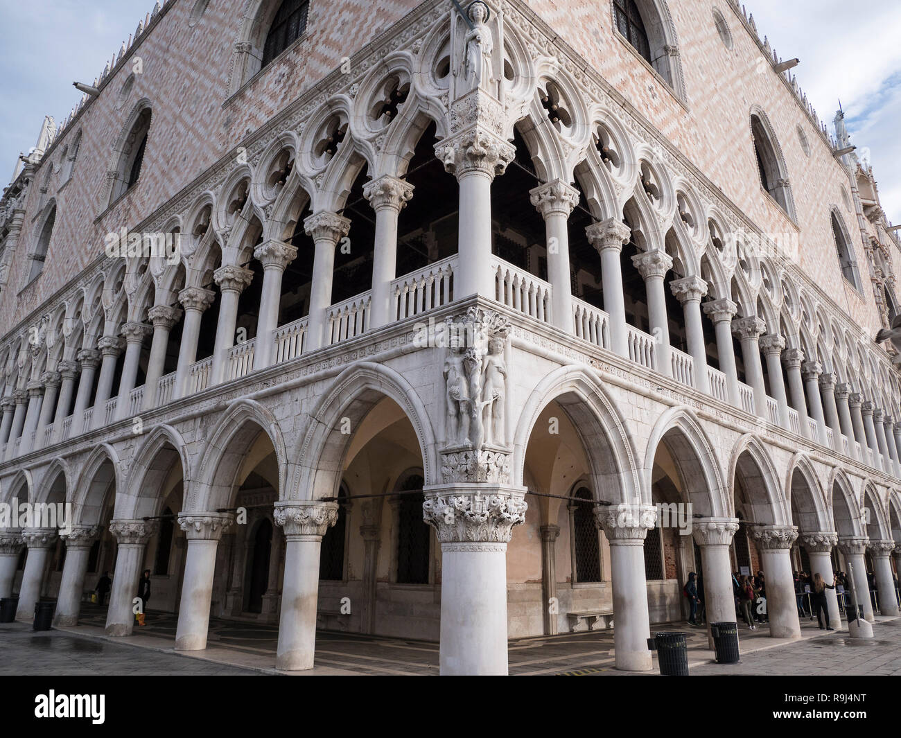VENICE, ITALY, NOV 1st 2018: Doges Palace detailed facade or exterior perspective view. Ancient Italian renaissance architecture. Famous historic venetian landmark on San Marco Square or Piazza Nobody Stock Photo
