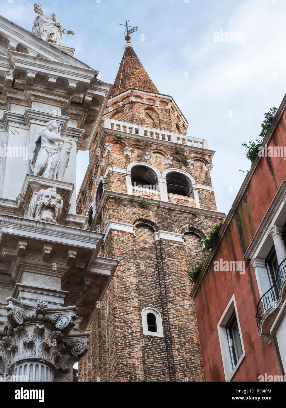 VENICE, ITALY, NOV 1st 2018: Old beautiful tower near church di San Moise. Ancient baroque venetian or italian exterior architecture. Nobody Stock Photo