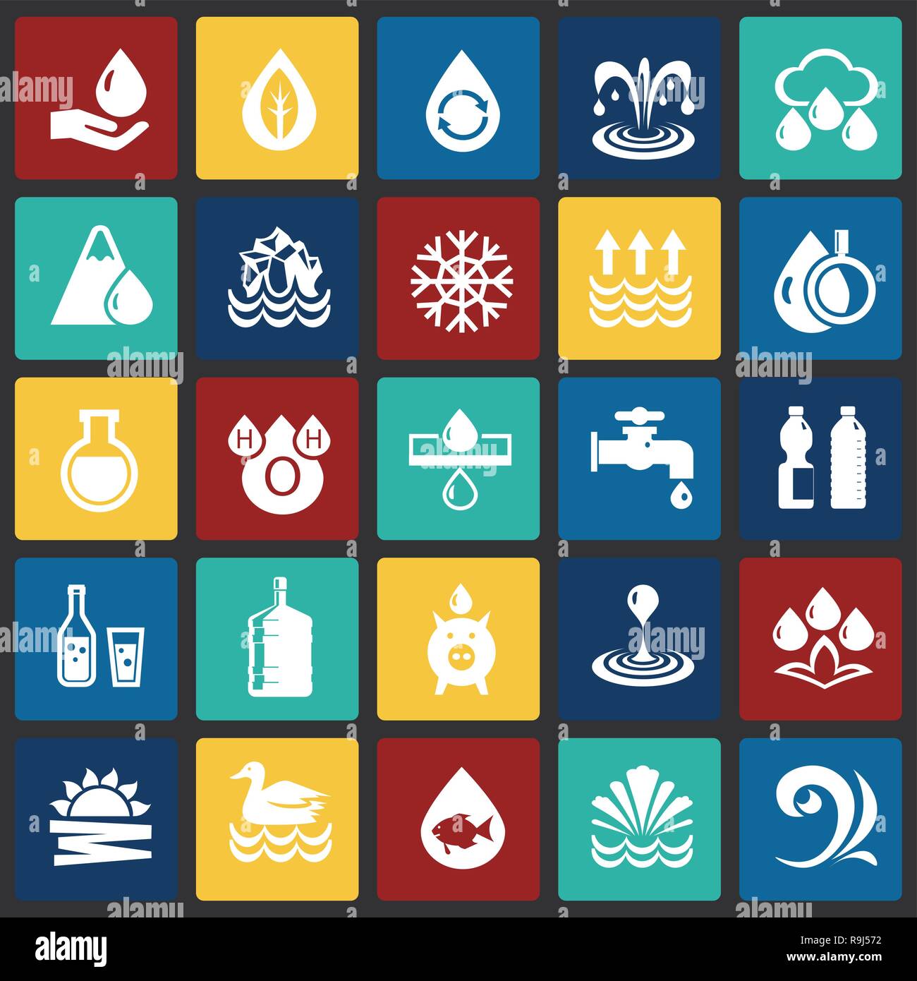 Water icon set on color squares background for graphic and web design ...