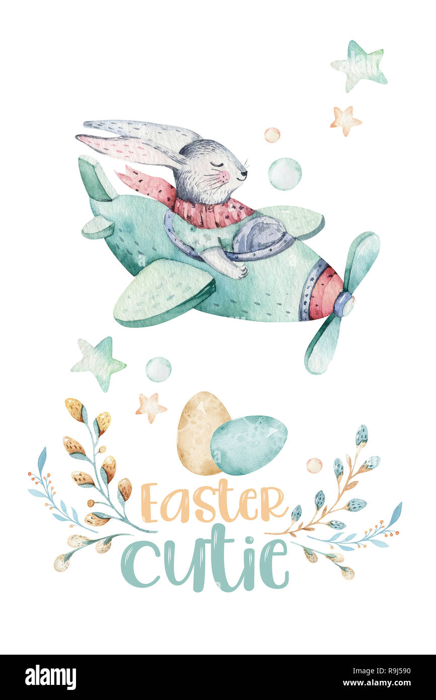 Hand drawing fly cute easter pilot bunny watercolor cartoon bunnies