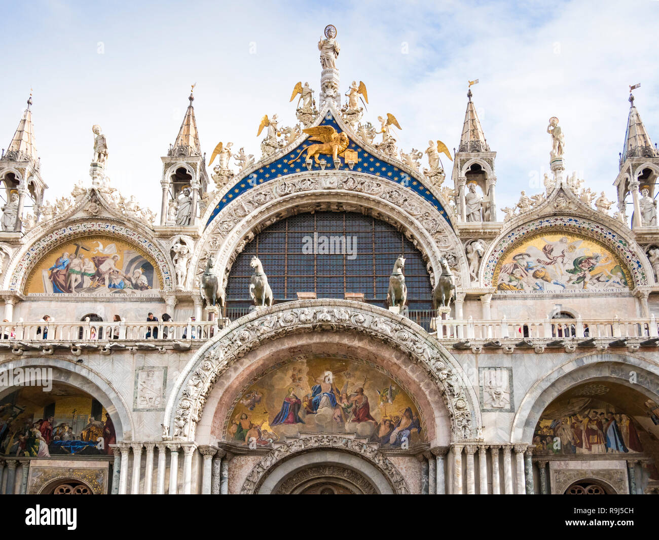 VENICE, ITALY, NOV 1st 2018: San Marco Cathedral detailed facade exterior front view. Ancient Italian renaissance architecture. Famous historic venetian landmark on Saint Marko Square or Piazza Nobody Stock Photo