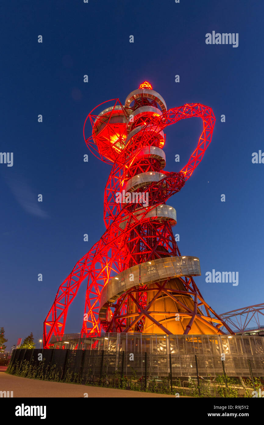 The ArcelorMittal Orbit sculpture at dusk , Queen Elizabeth Olympic Park  , London, England, United Kingdom, Europe. Stock Photo