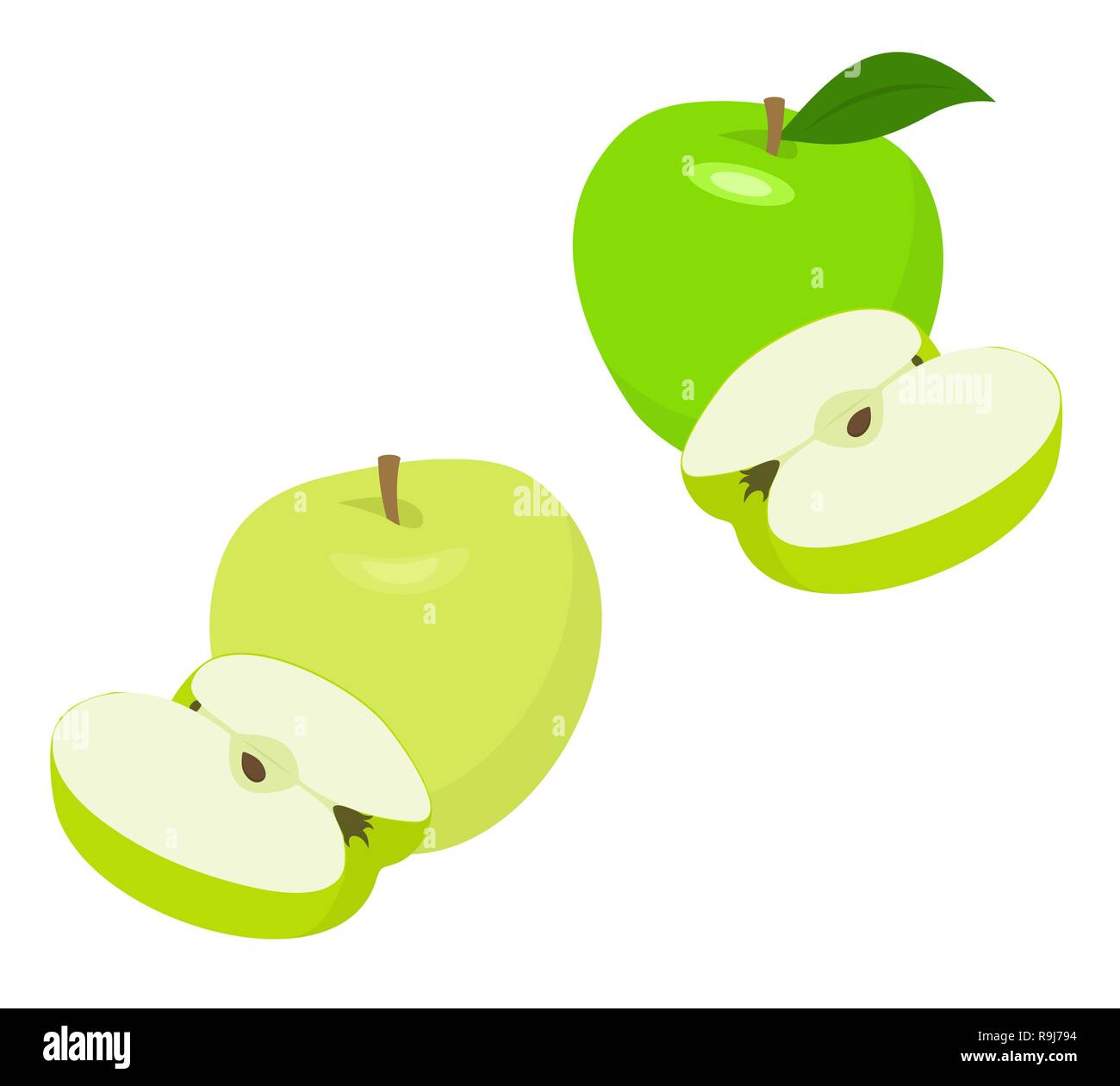 Ripe green apple fruit with apple half and apple leaf isolated on white background. Apples and leaf with vector illustration Stock Vector