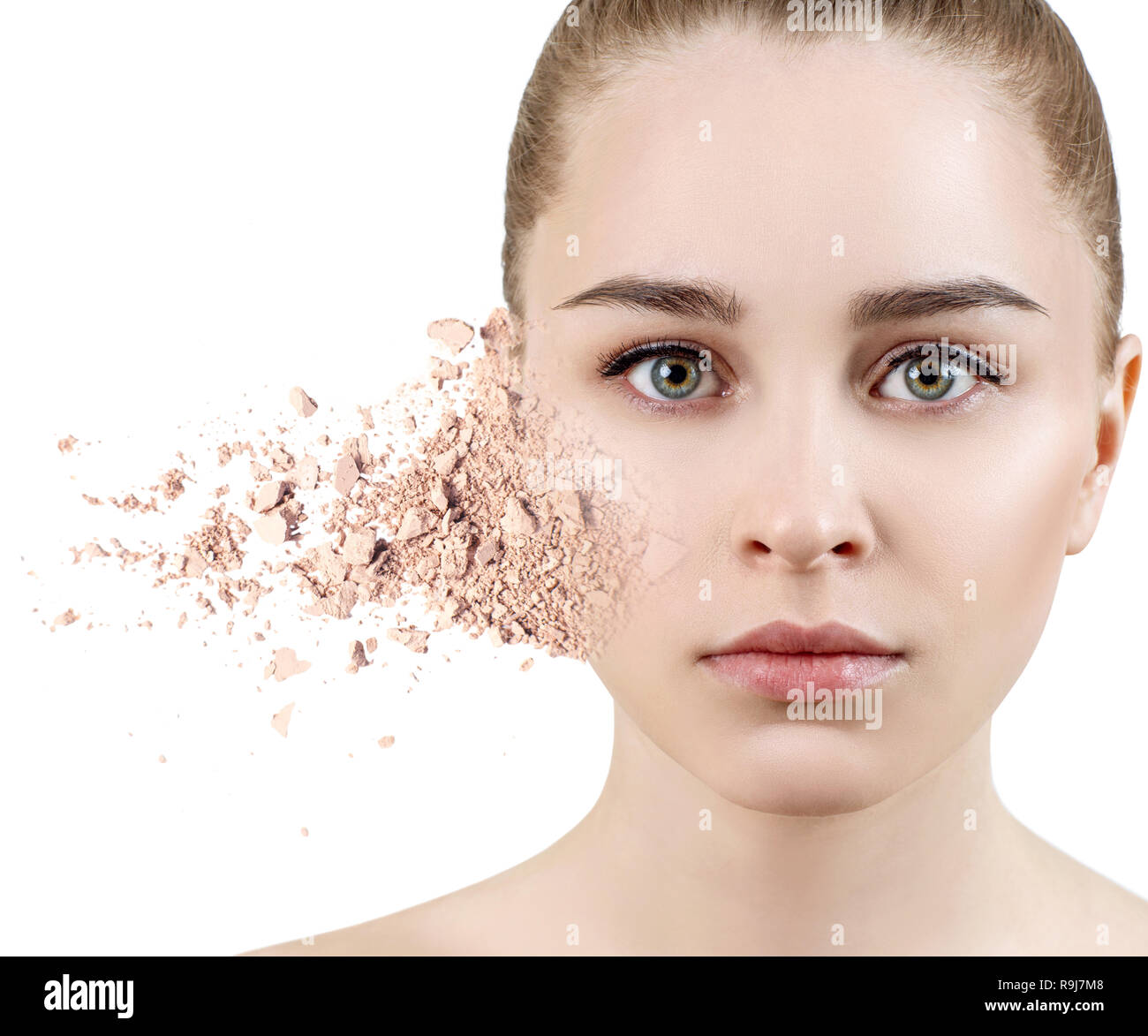 Young woman face made from crumbly powder. Stock Photo