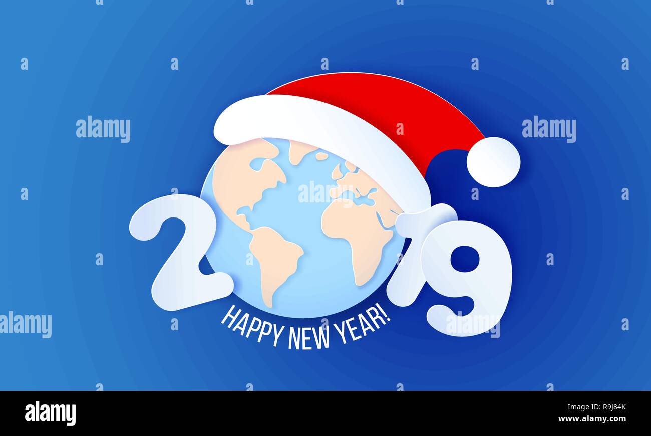 2019 New Year design card with Earth globe and christmas hat on blue background. Vector illustration. Paper cut and craft style. Stock Vector