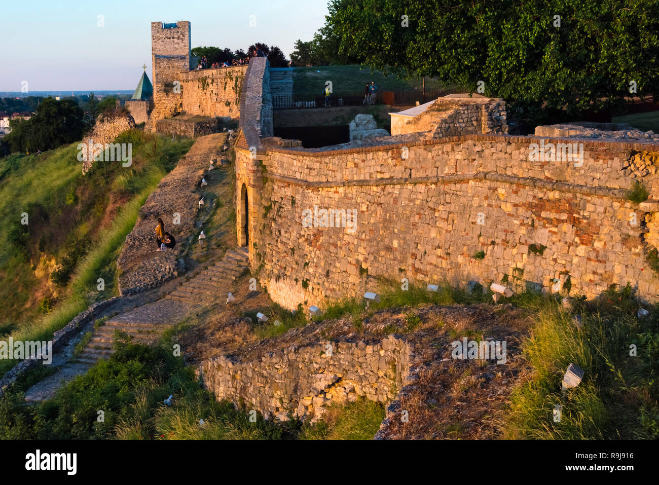 Tourists on the wall at Belgrade Fortress, Belgrade, Serbia Stock Photo