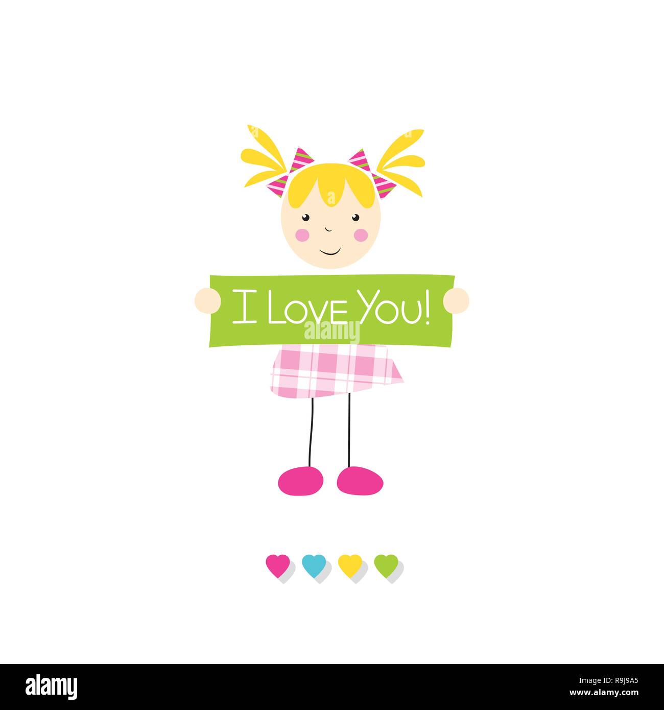 little blonde girl in pink plaid dress holding I love you sign with hearts on white background Stock Vector