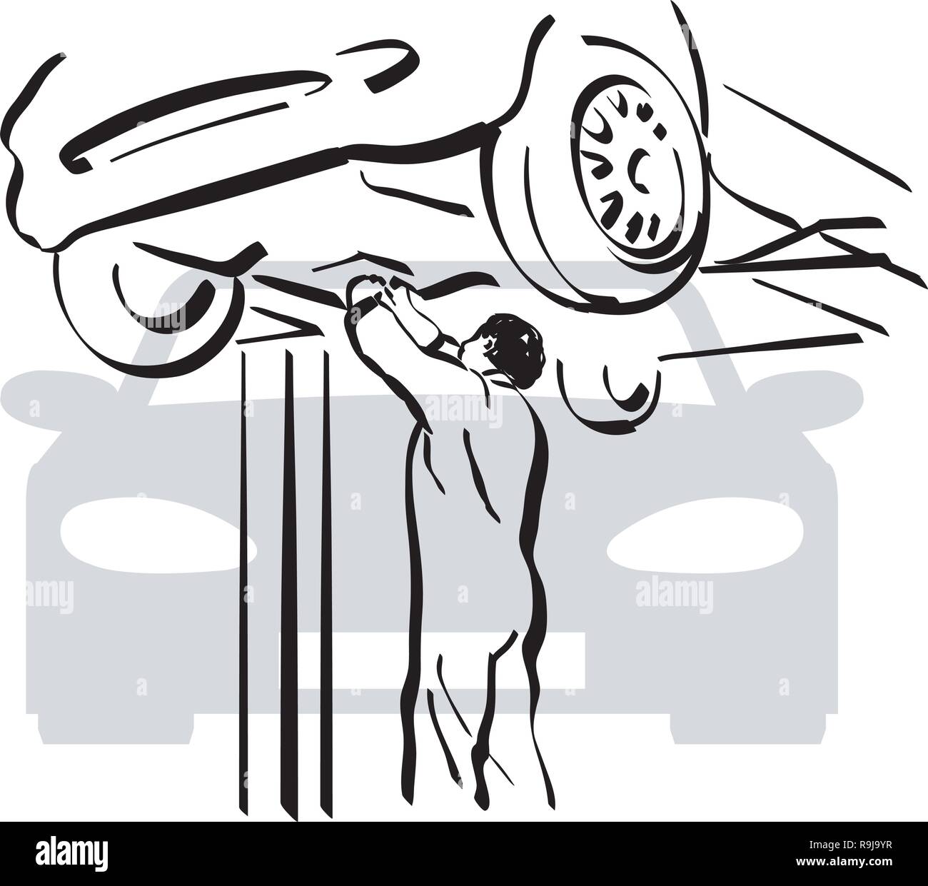 illustration of a mechanic at work in a car repair shop Stock Vector