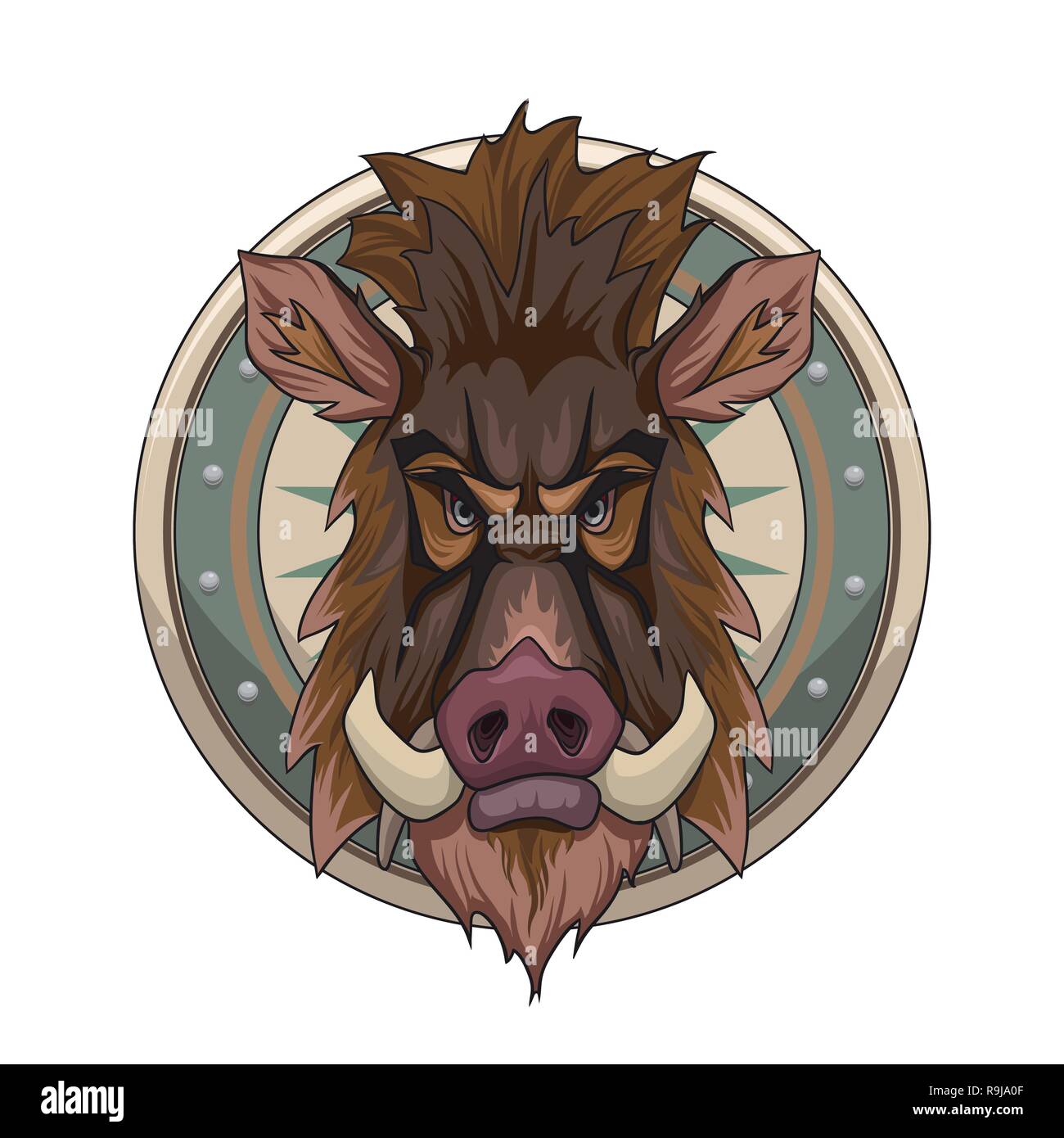 Hunting trophy. Vector illustration of cartoon style wild boar head on the shield isolated on white background for your graphic and web design Stock Vector
