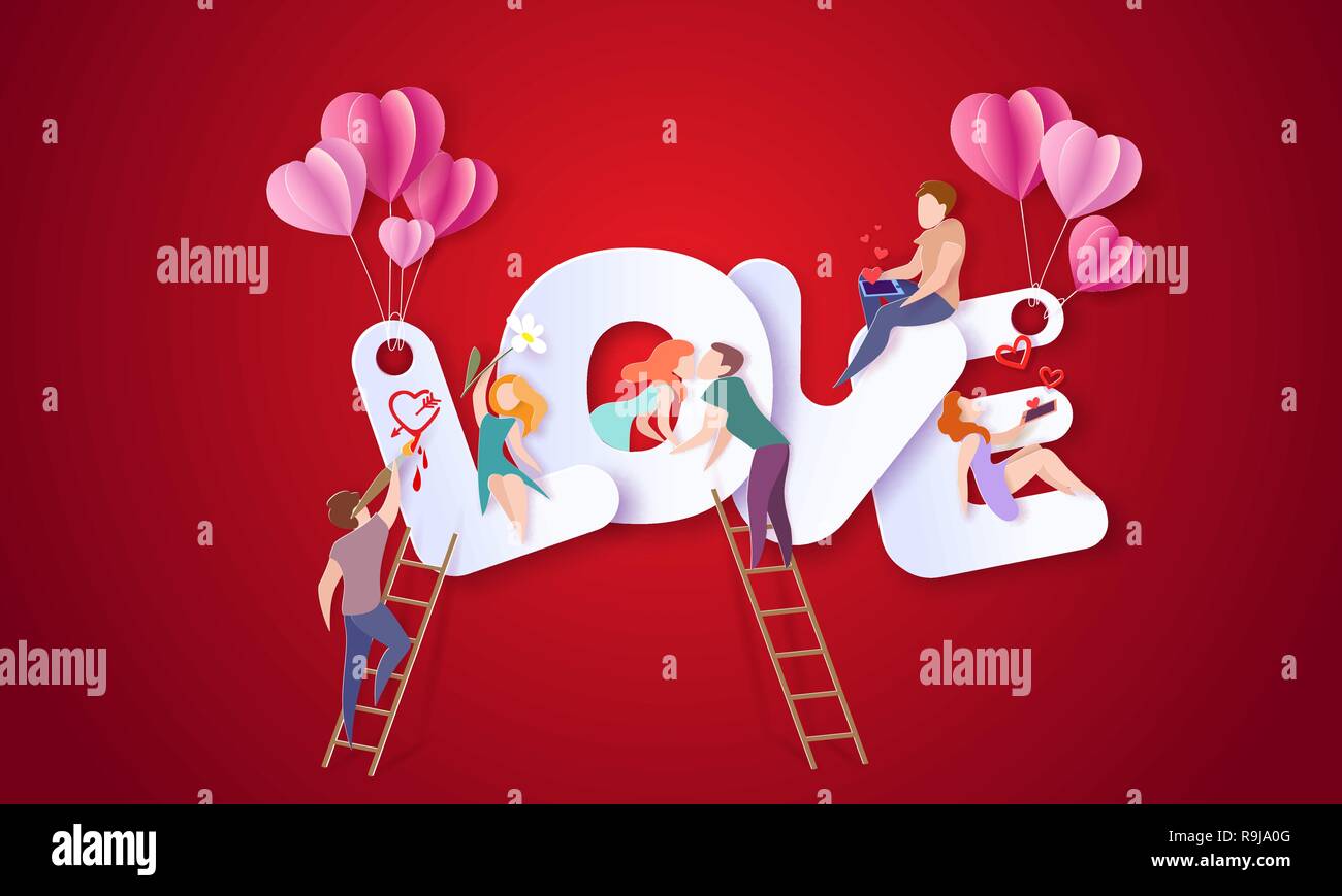Valentines day card with couple sitting on big letters LOVE and sending red hearts with their smartphones, kissing and painting. Vector paper art illustration. Paper cut and craft style. Stock Vector