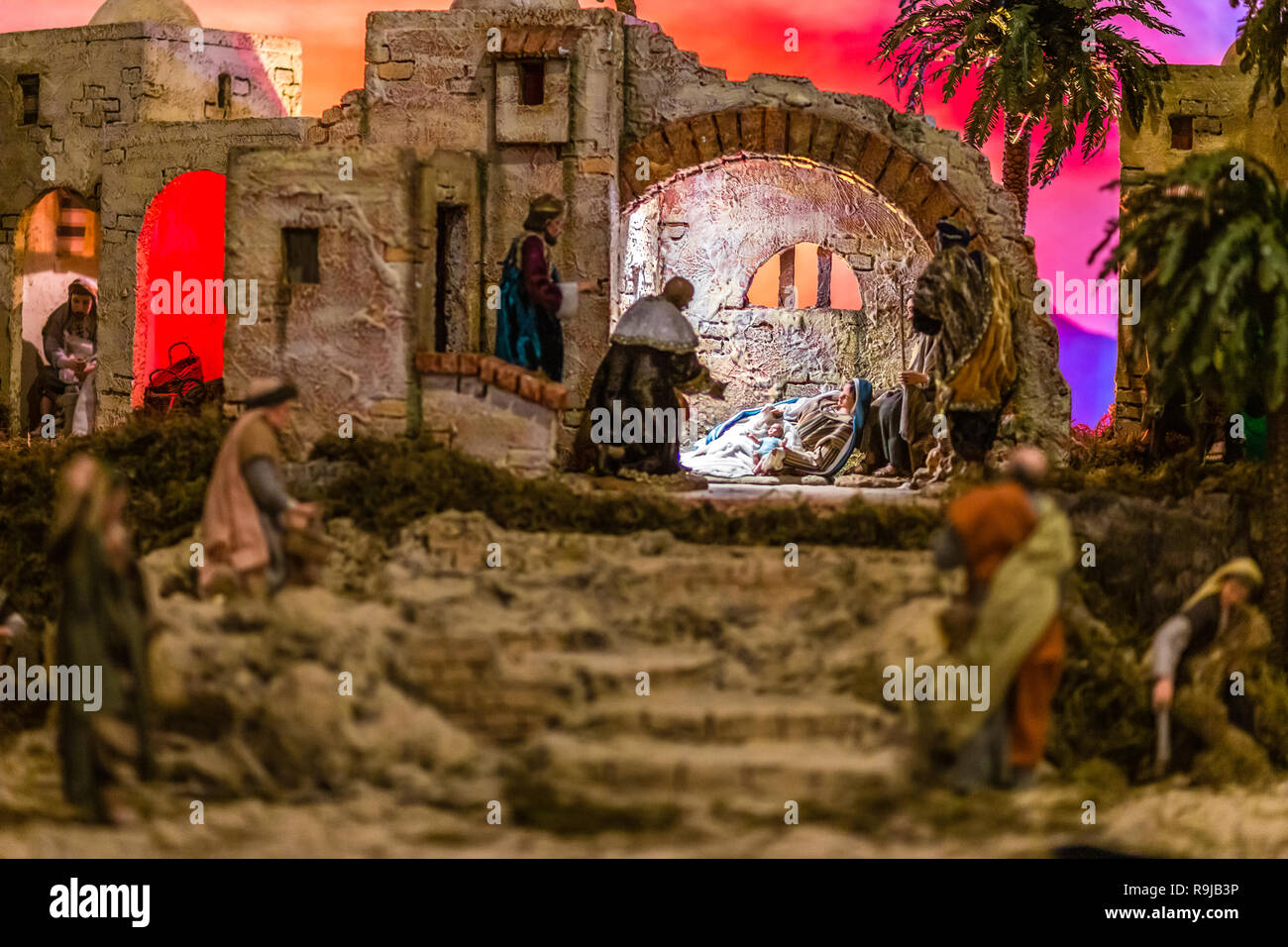Holy Family in Christmas Nativity scene with the Three Wise Men Stock ...