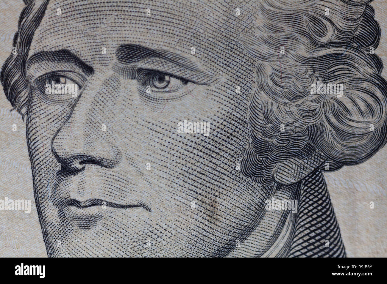 Alexander Hamilton portrait macro usa ten dollar banknote or bill. Stock Photo