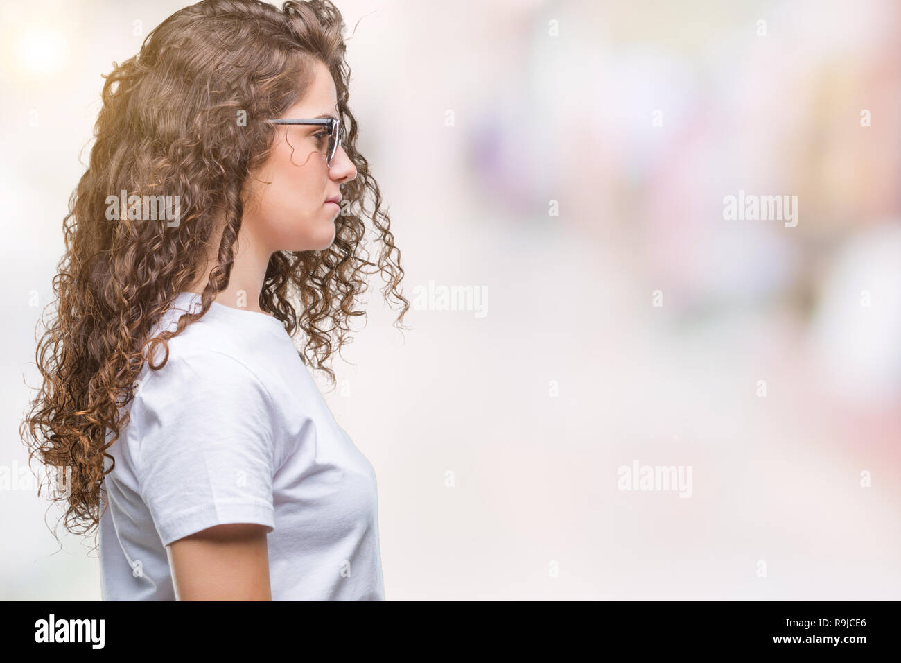 Beautiful Brunette Curly Hair Young Girl Wearing Sunglasses Over