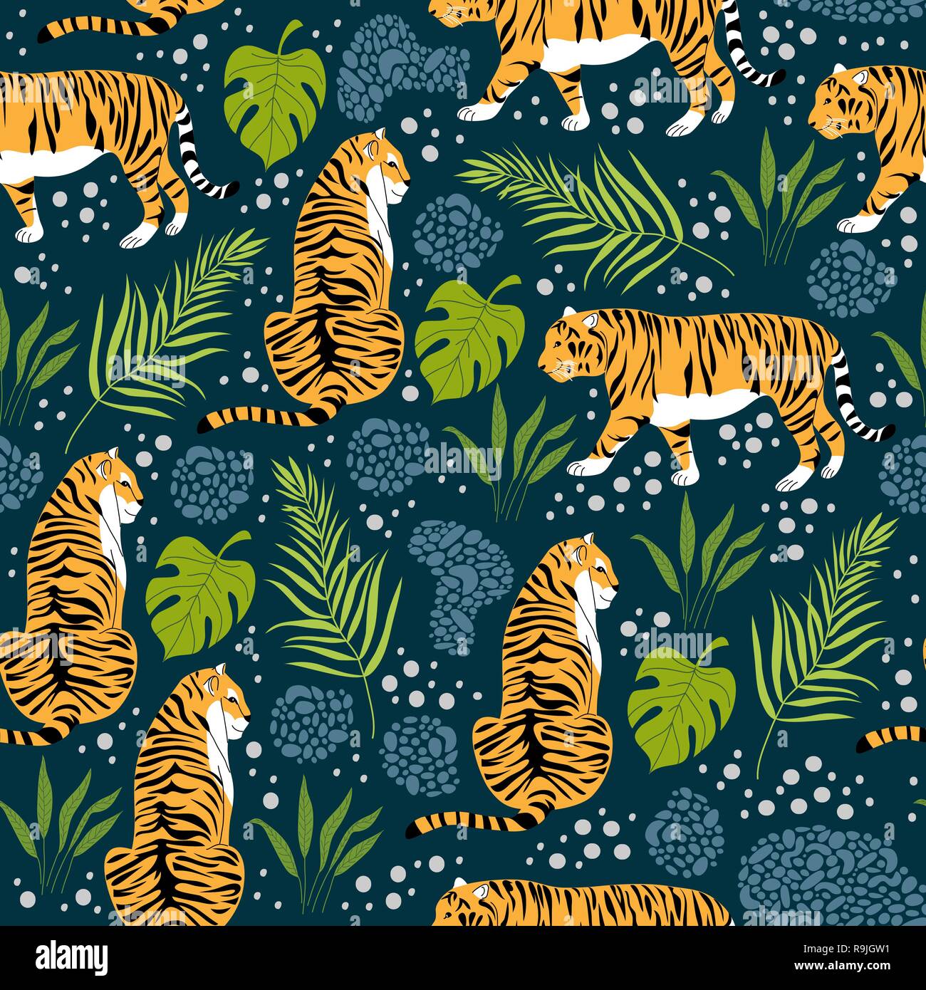 Seamless pattern with tigers and tropical leaves. Trendy style. Vector ...