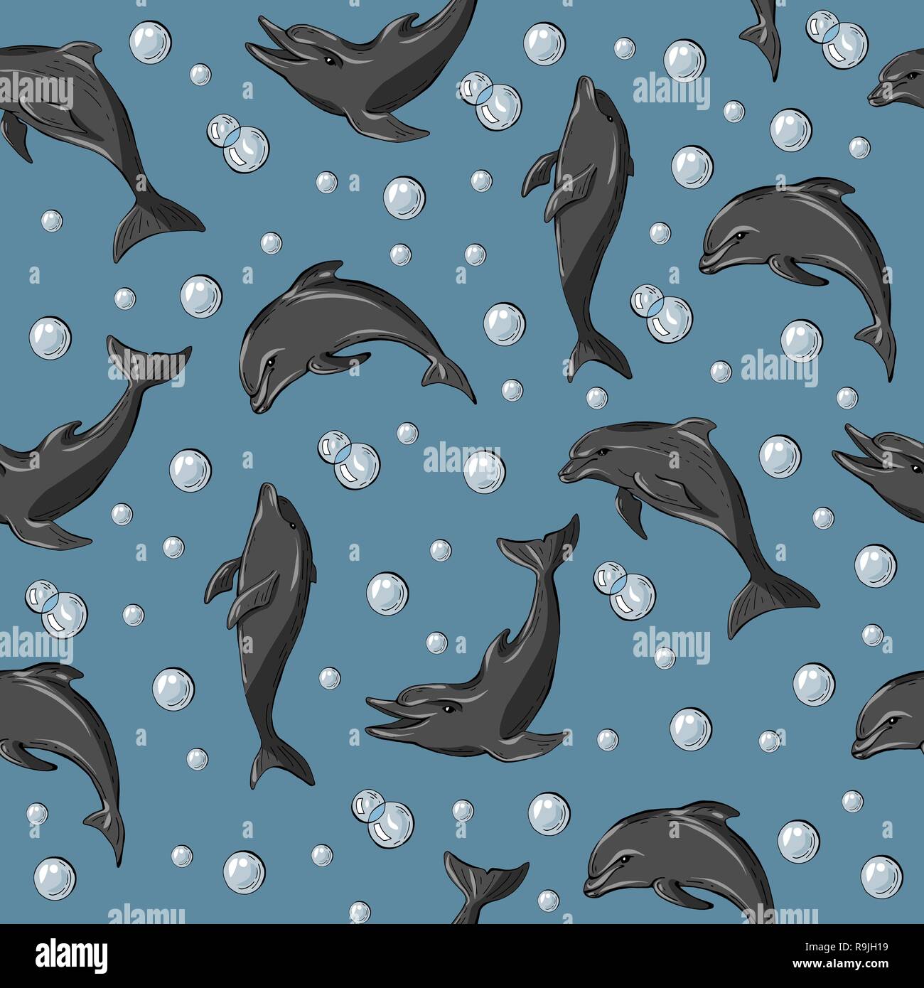 Seamless pattern with dolphins and bubbles ,Vector illustration Stock Vector