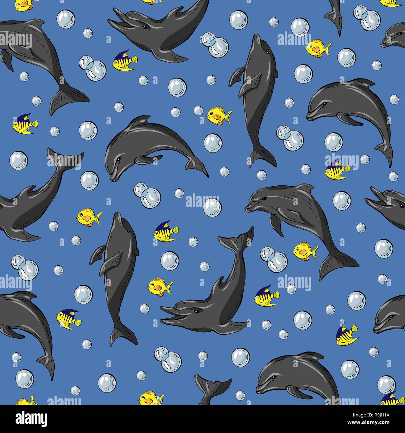 Seamless pattern with dolphins, fish and bubbles ,Vector illustration Stock Vector