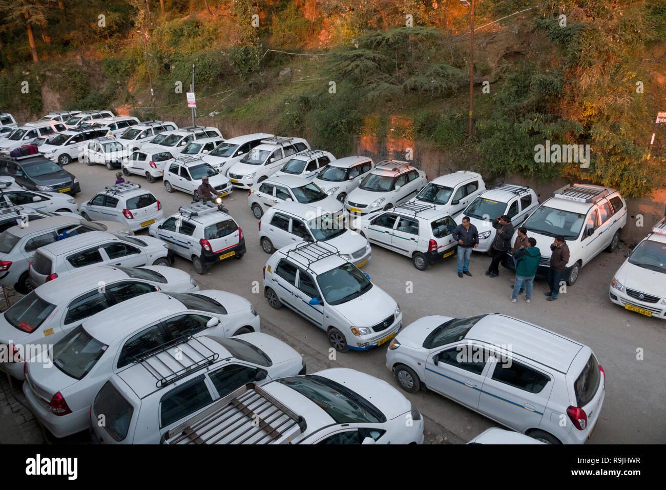 Abundance of white taxi cabs parked near main square in McLeod Ganj, Himachal Pradesh, India Stock Photo