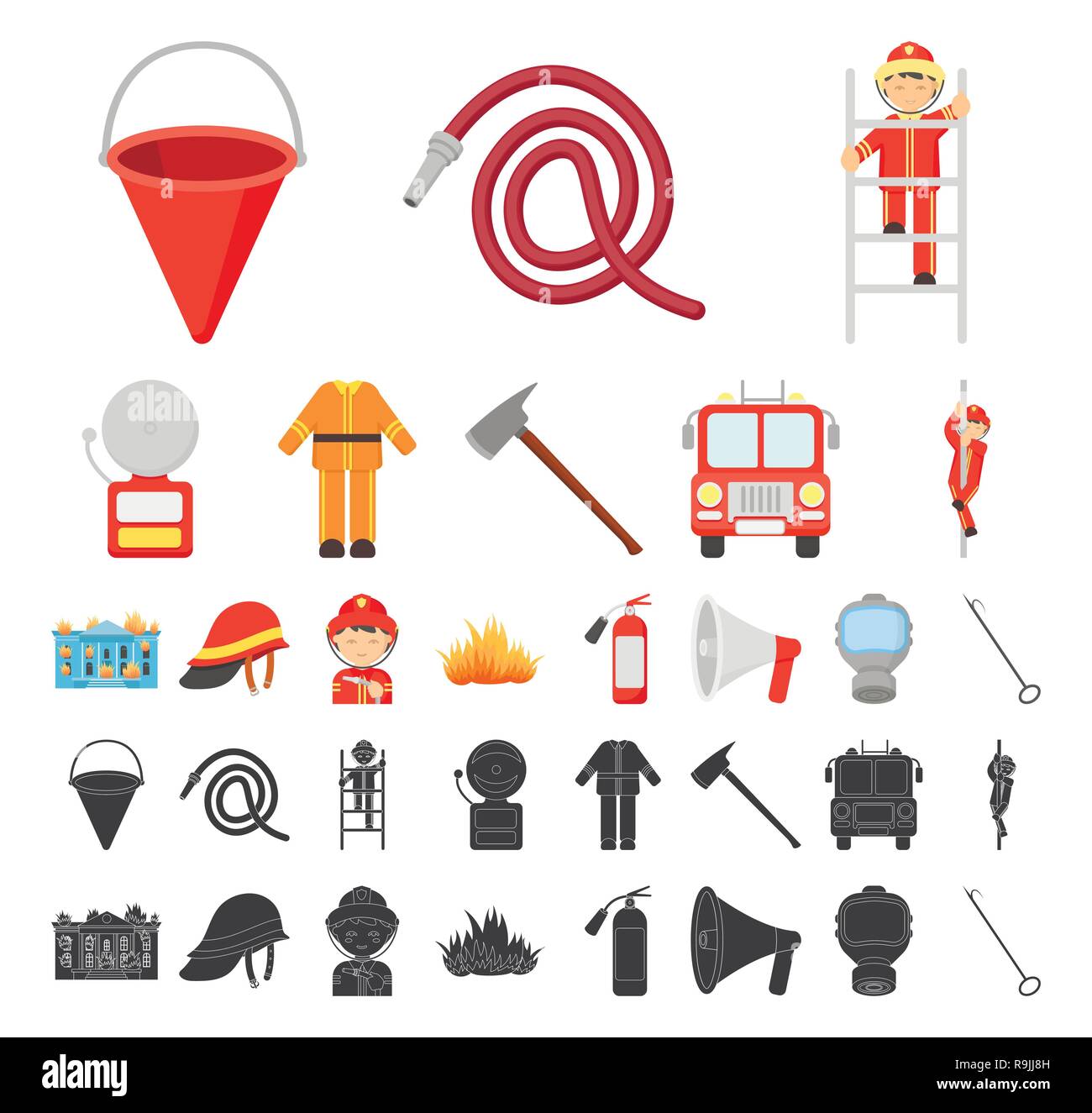 Fire Department cartoon, black icons in set collection for design. Firefighters and equipment vector symbol stock  illustration. Stock Vector