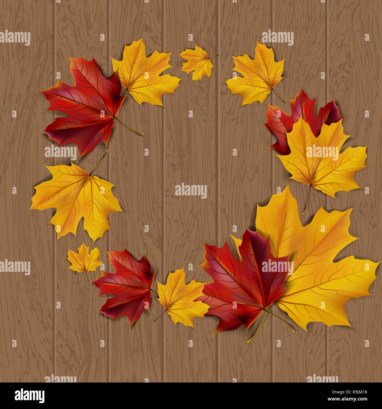 Autumn background with autumn leaves on wooden surface, vector ...