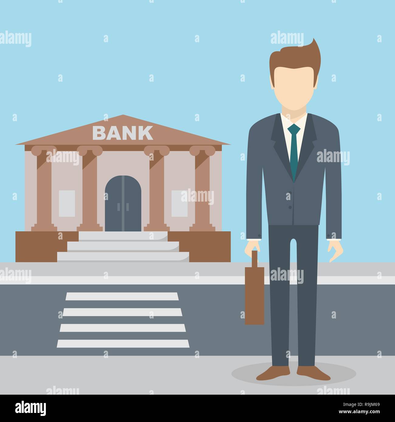 Businessman standing at the bank building, finance institution with road on flat style background concept. Vector illustration design Stock Vector