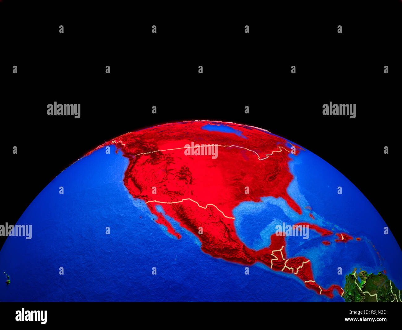North America on model of planet Earth with country borders and very ...
