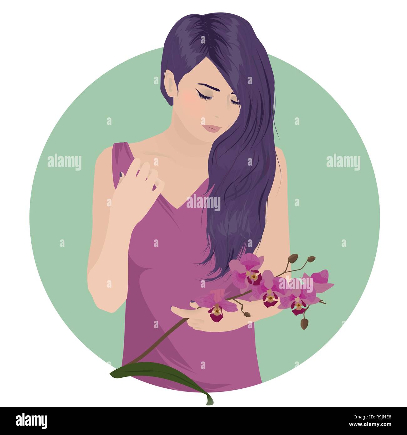 Beautiful girl with orchid flower Stock Vector