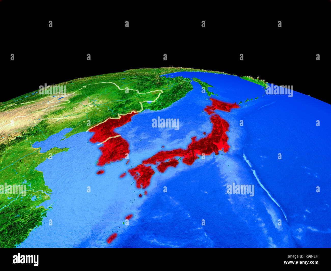 Japan and Korea on model of planet Earth with country borders and very ...