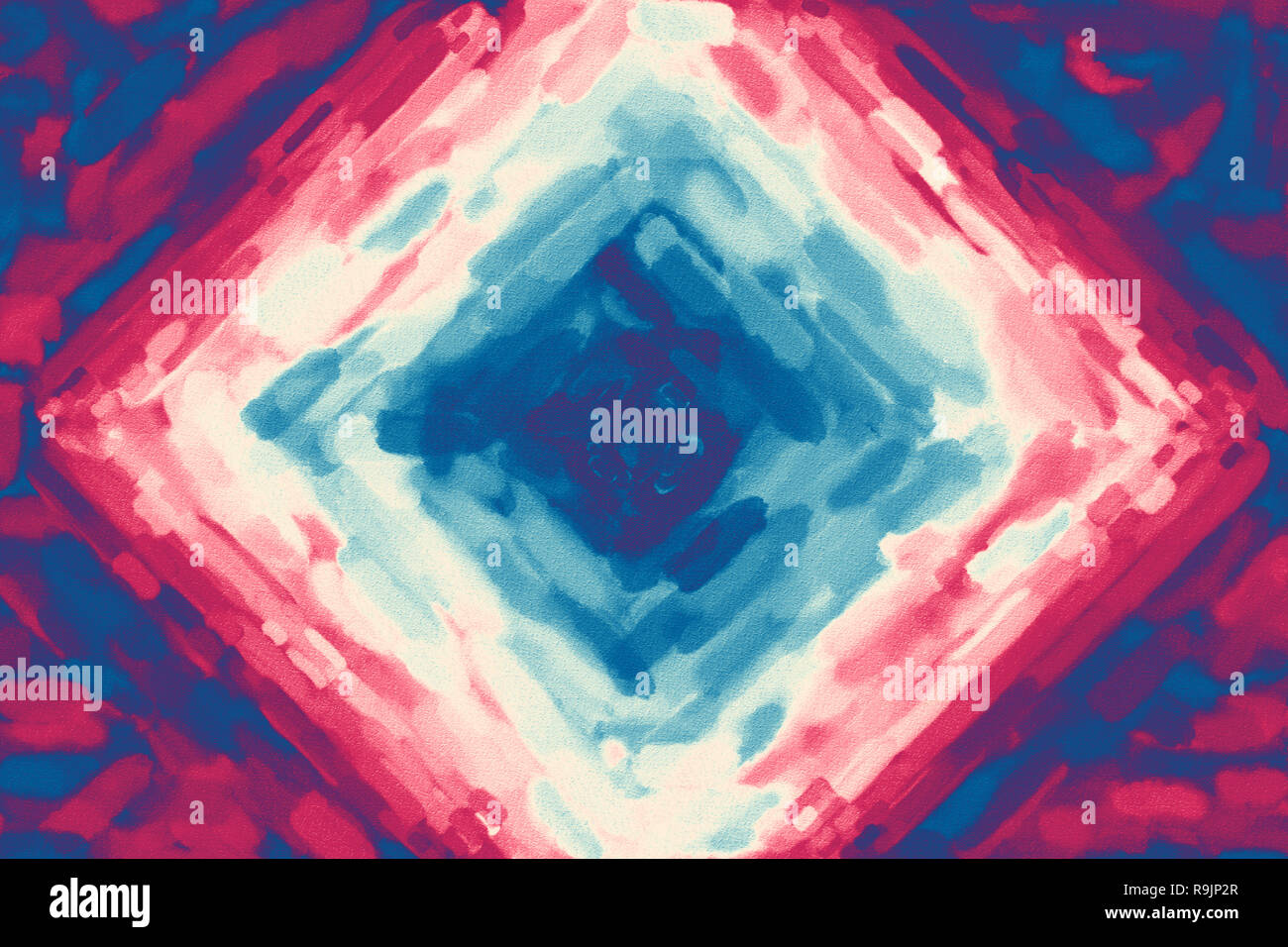 Blue white red diamond shaped watercolor gradient background. Colorful digital illustration simulating true watercolor with paper texture. Stock Photo