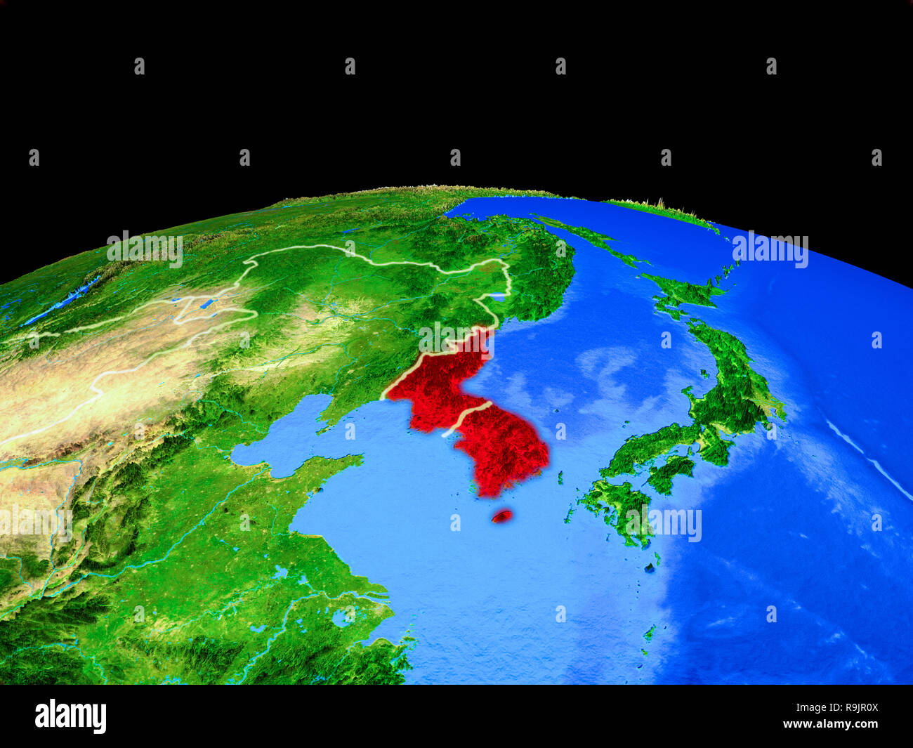 Korea on model of planet Earth with country borders and very detailed ...