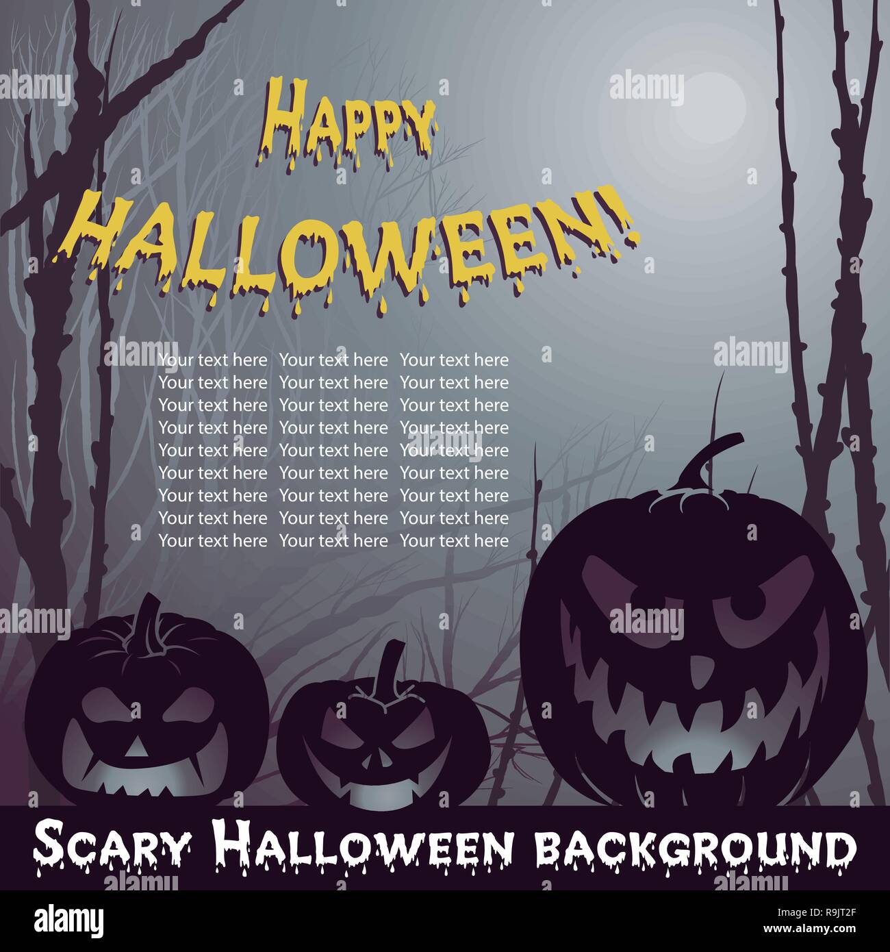 Vector Halloween background with scary pumpkins in night forest Stock ...
