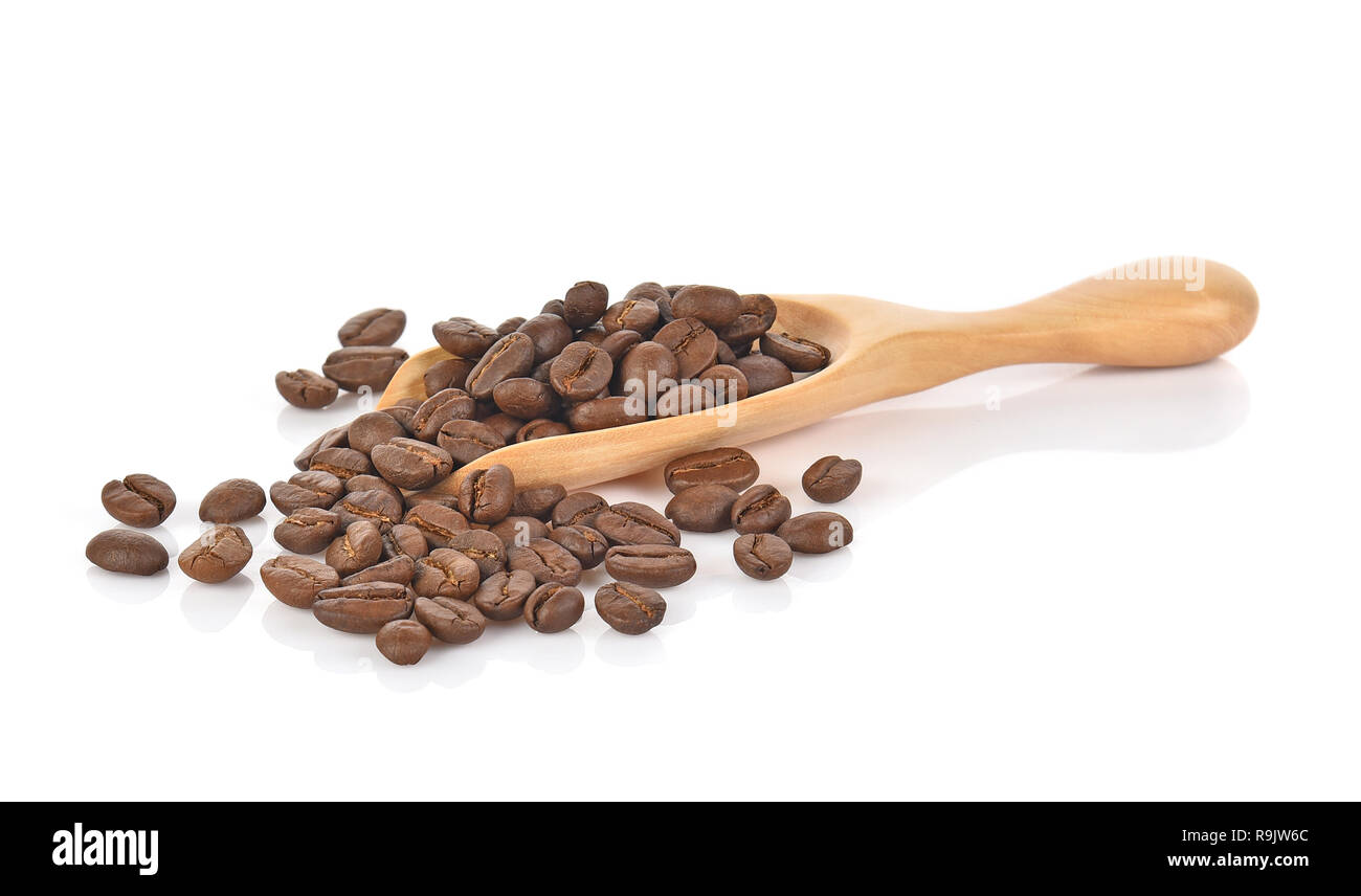 coffee beans in wooden spoon on white background Stock Photo - Alamy