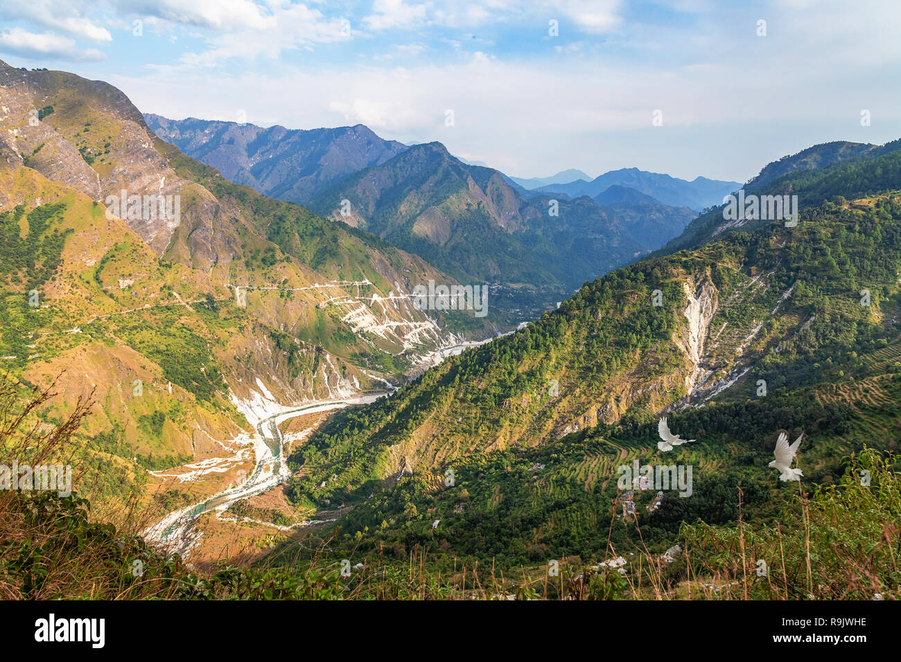 Aerial view of mountain river valley with scenic landscape near Munsiyari Uttarakhand India. Stock Photo