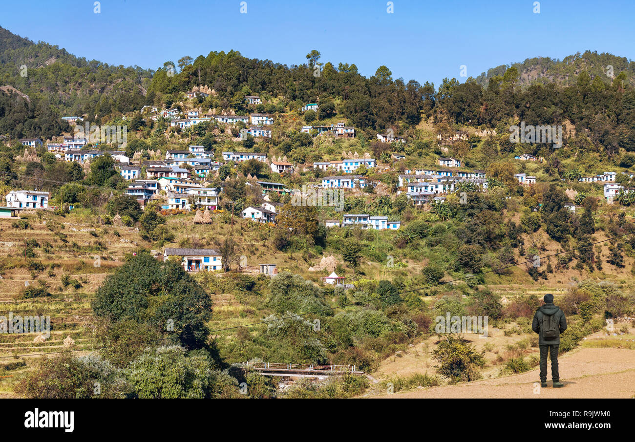 Countryside village town with cluster of houses on the mountain slopes