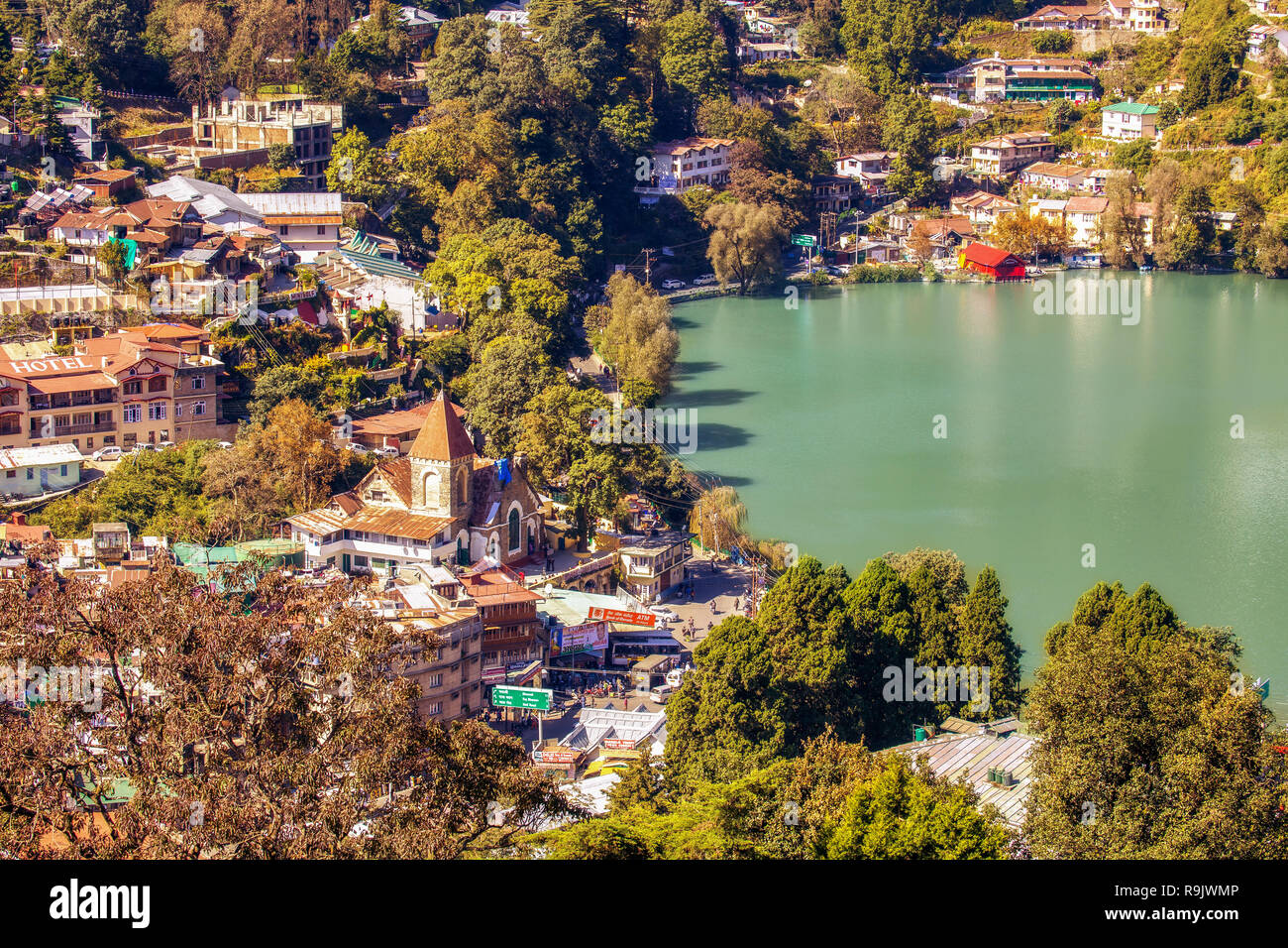 Aerial view of Nainital cityscape with famous Nainital lake considered as a scenic hill station and tourist destination at Uttarakhand India Stock Photo