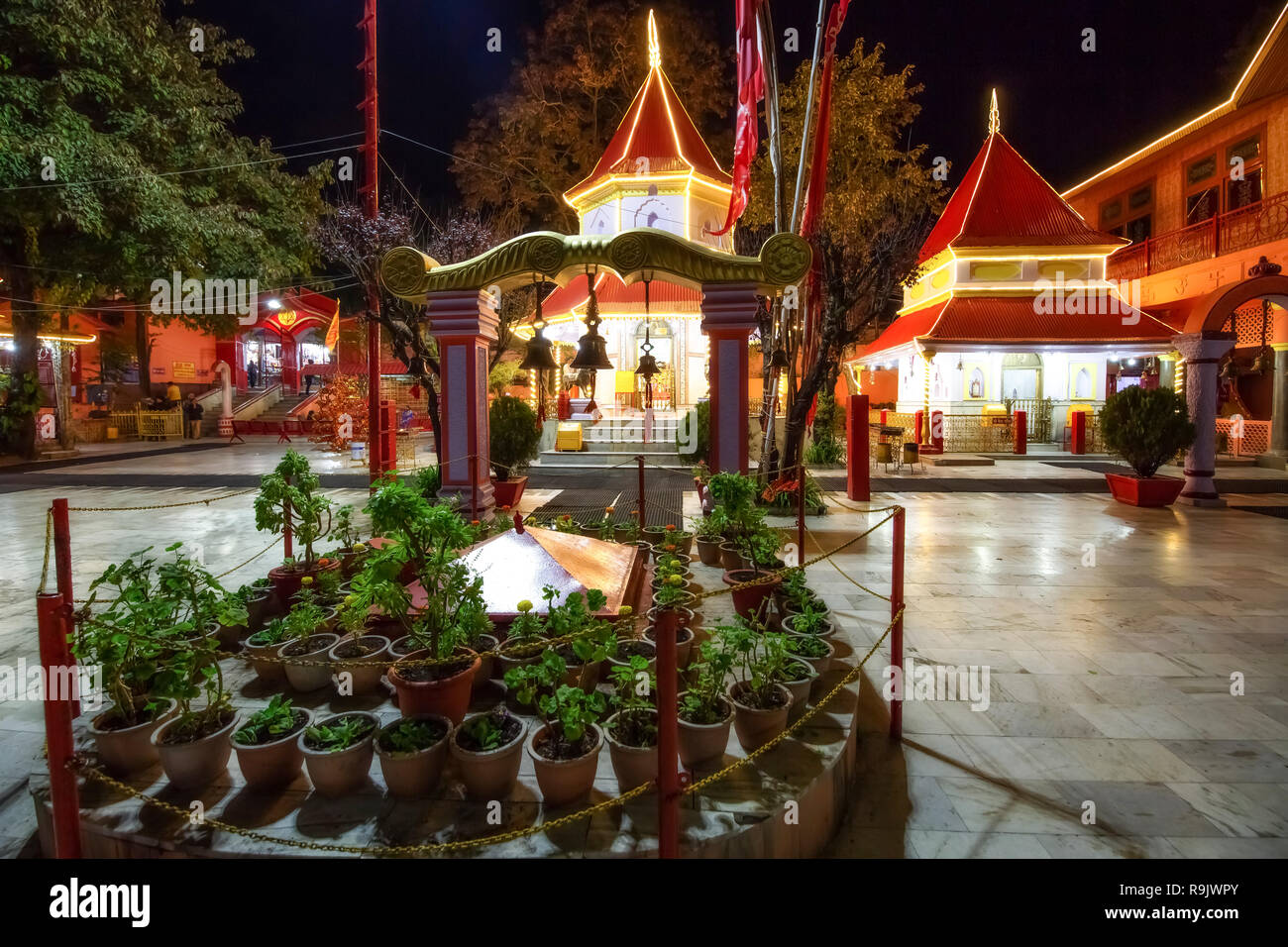 Hindu temple popularly known as Naina Devi temple premises decorated with lights at Nainital Uttarakhand India. Stock Photo