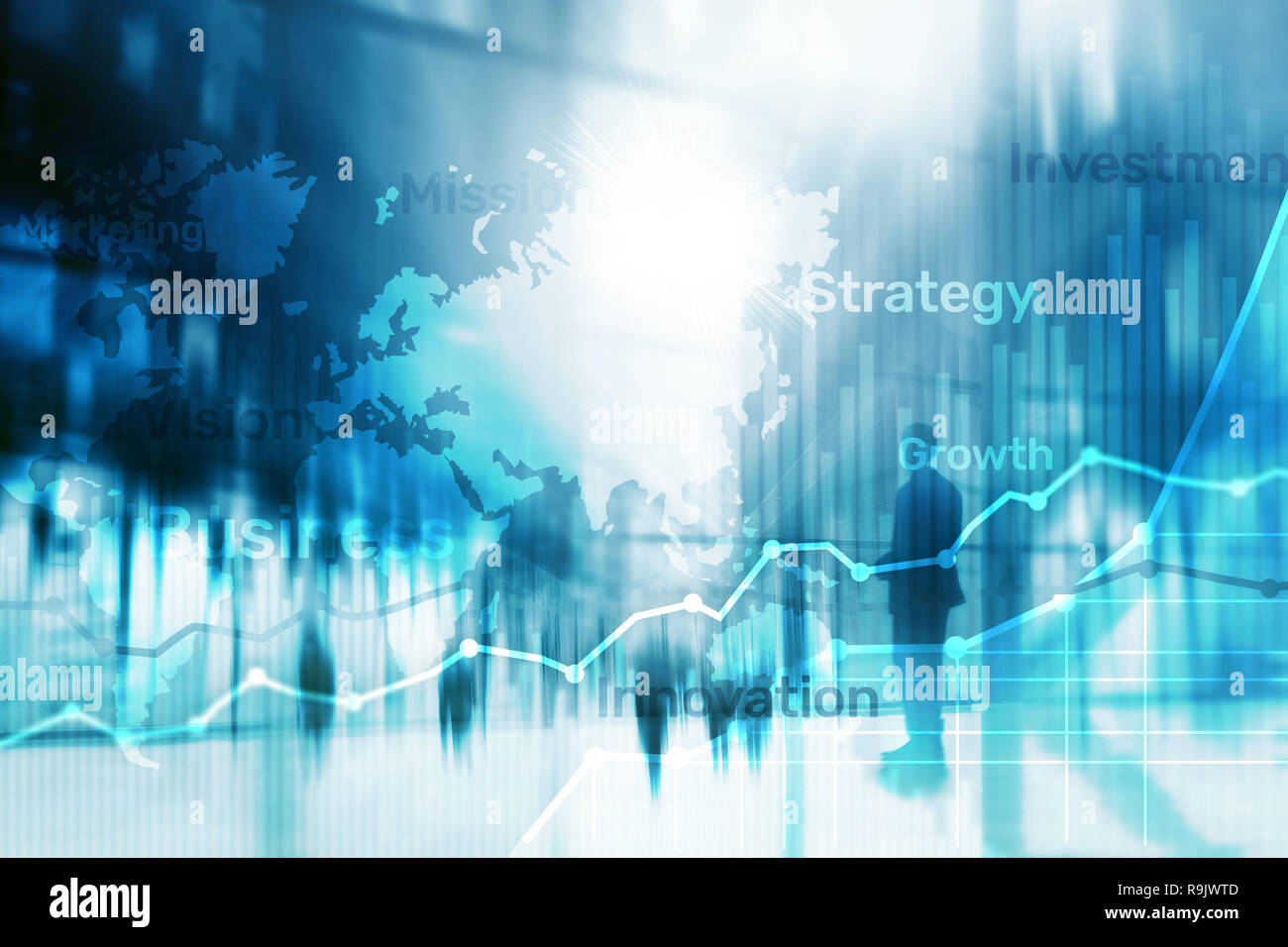 Business abstract background double exposure graph, chart and diagram. World wide map and. Global business and financial trading concept Stock Photo