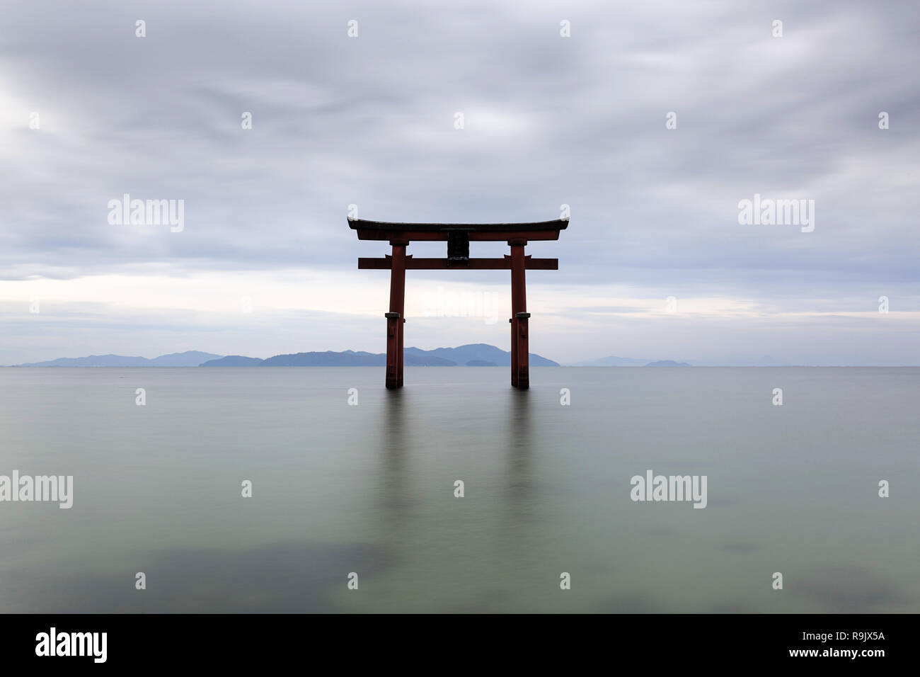 Shirahige Jinja Torii on water, lake Biwa near Kyoto, Japan Stock Photo