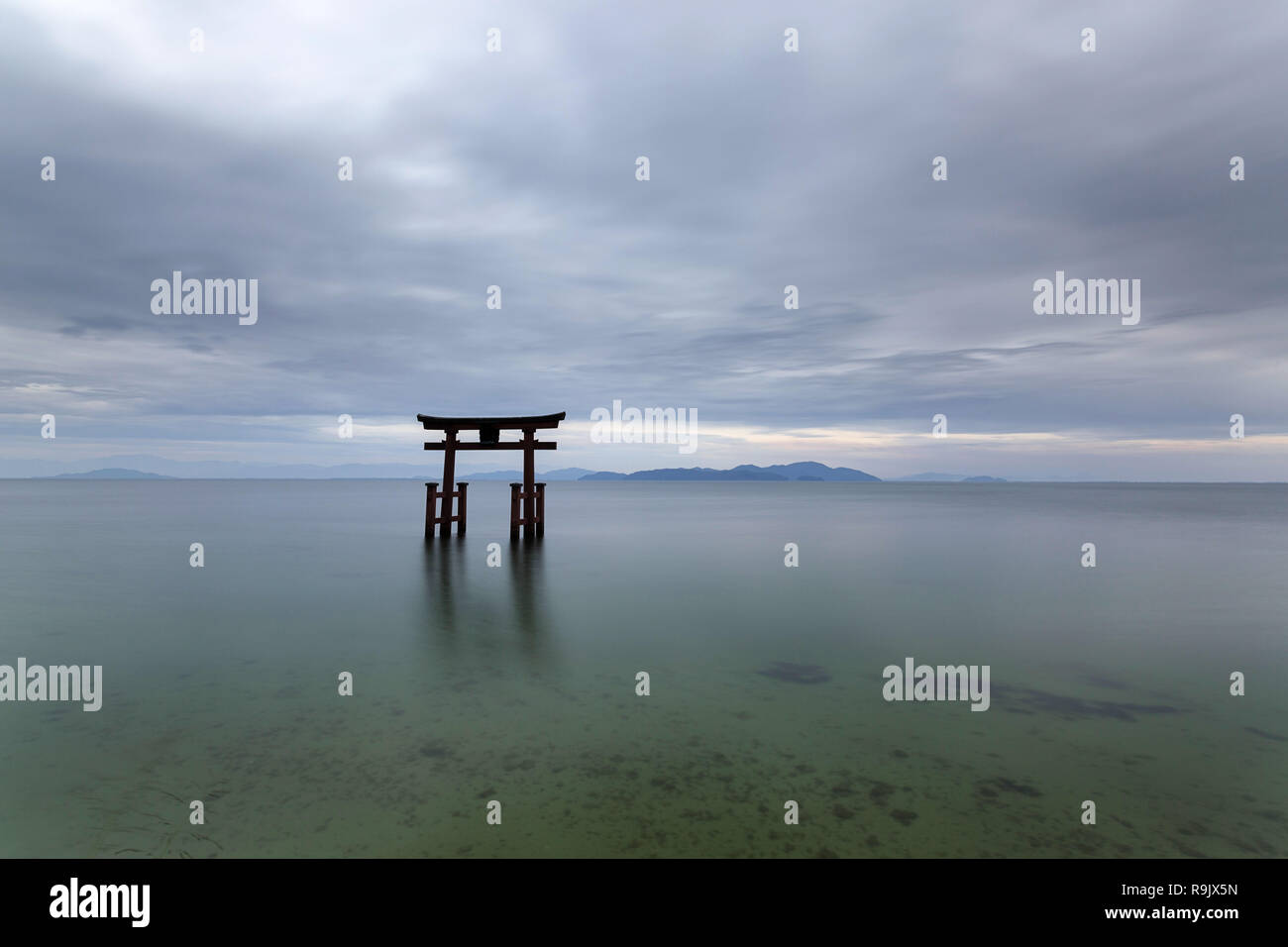 Shirahige Jinja Torii on water, lake Biwa near Kyoto, Japan Stock Photo