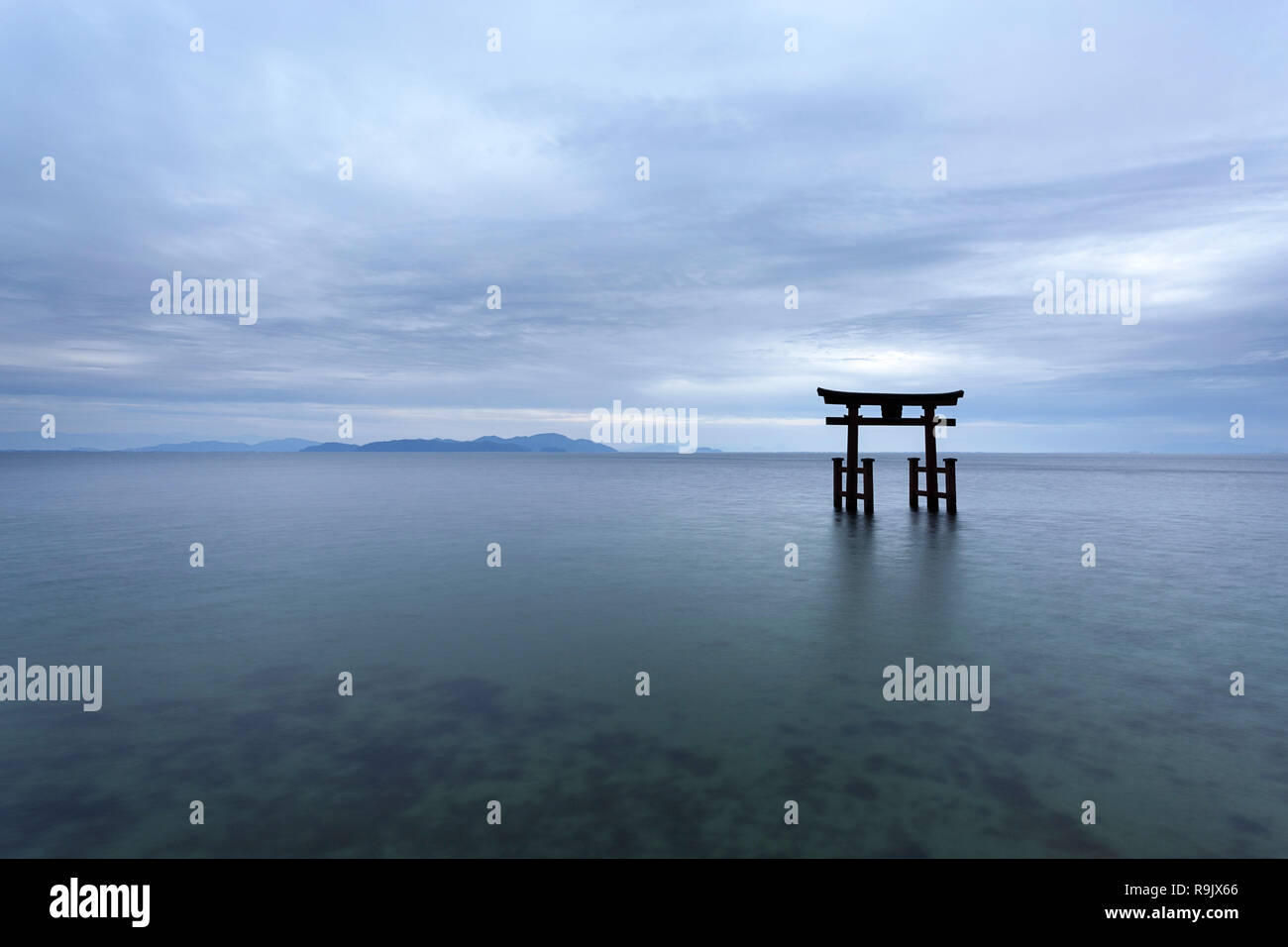 Shirahige Jinja Torii on water, lake Biwa near Kyoto, Japan Stock Photo
