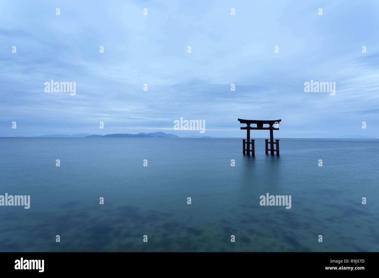 Shirahige Jinja Torii on water, lake Biwa near Kyoto, Japan Stock Photo