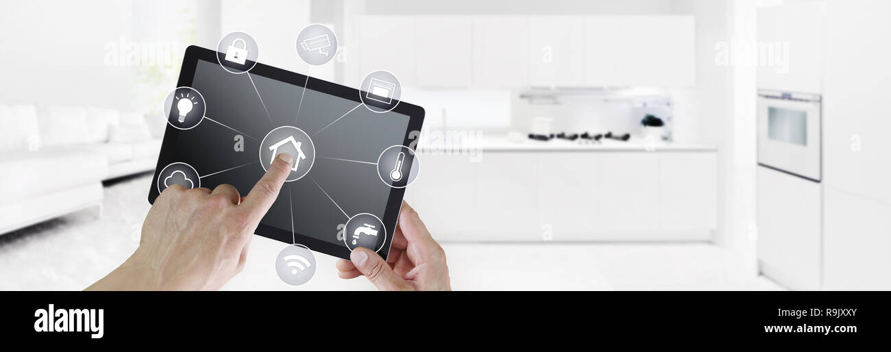 smart home automation control hand touch digital tablet screen with ...
