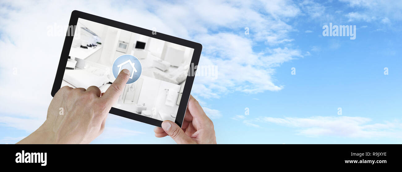 smart home control concept hand touch digital tablet screen with ...
